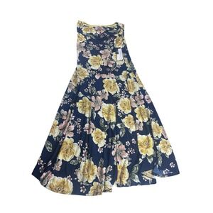 Robbie Bee Navy Blue Yellow Floral Sleeveless Fit Flare Midi Dress Large NEW